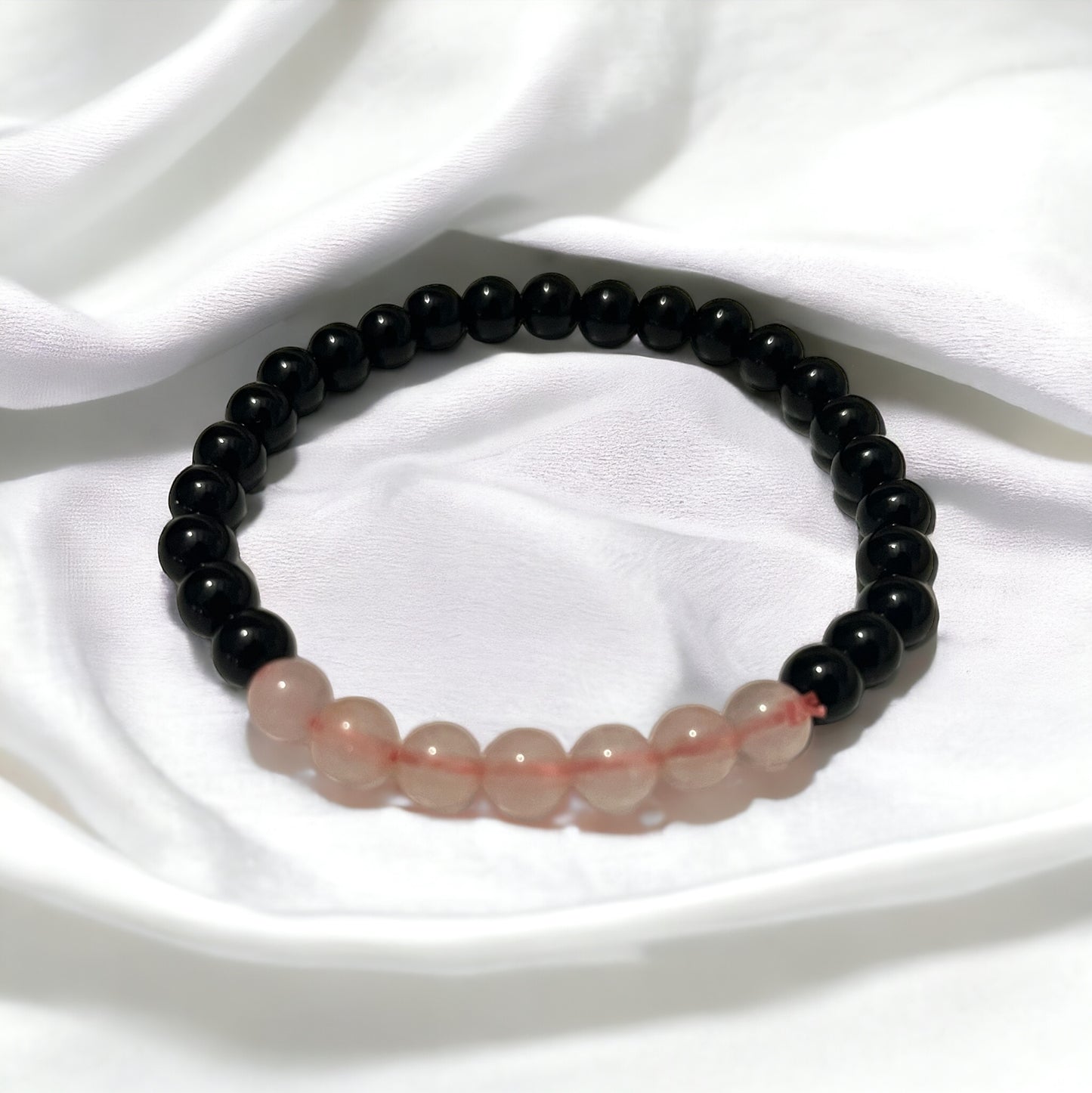 Pulsera bolita obsidiana y cuarzo rosa 6mm