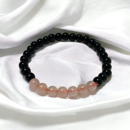 Pulsera bolita obsidiana y cuarzo rosa 6mm