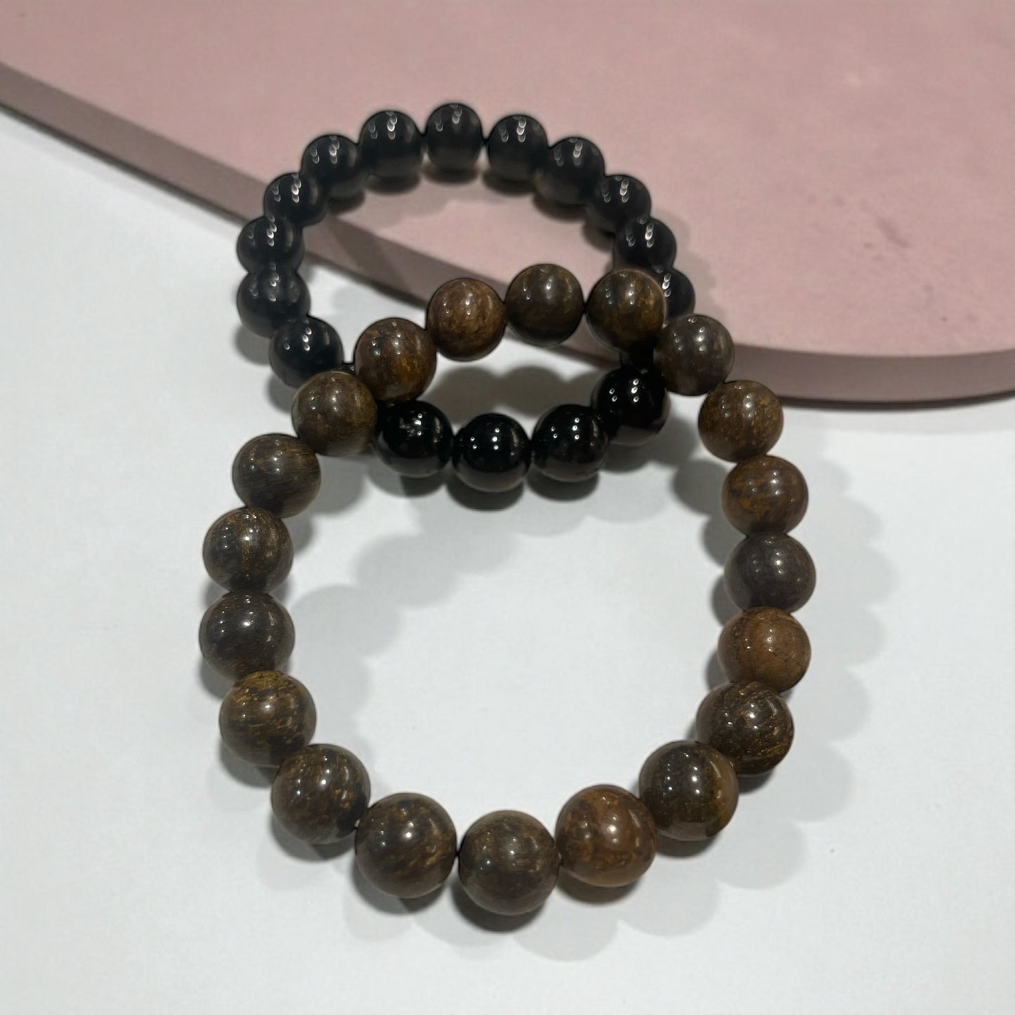 Dúo de Pulseras de Broncita y turmalina (repeler envidias) bolitas 10mm