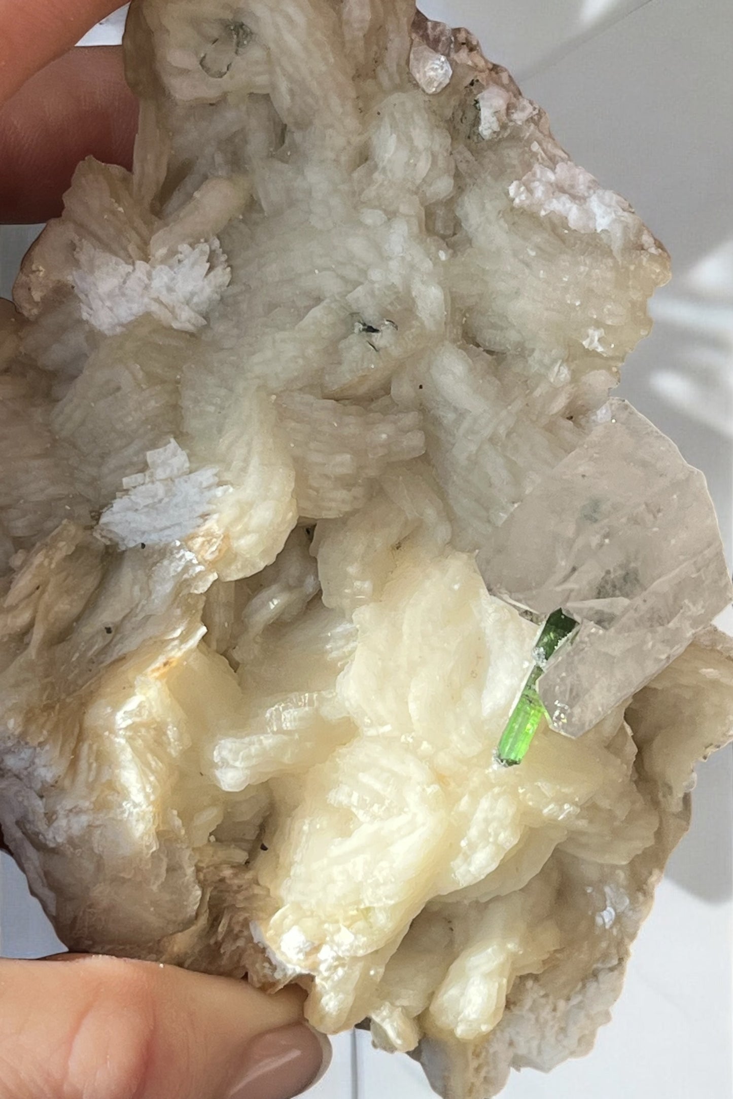 Turmalina verde con matriz de cleavelandita y mica pieza de colección