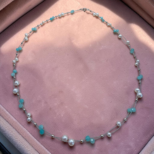 Collar de perlas naturales de río cristales turquesa y plata de ley