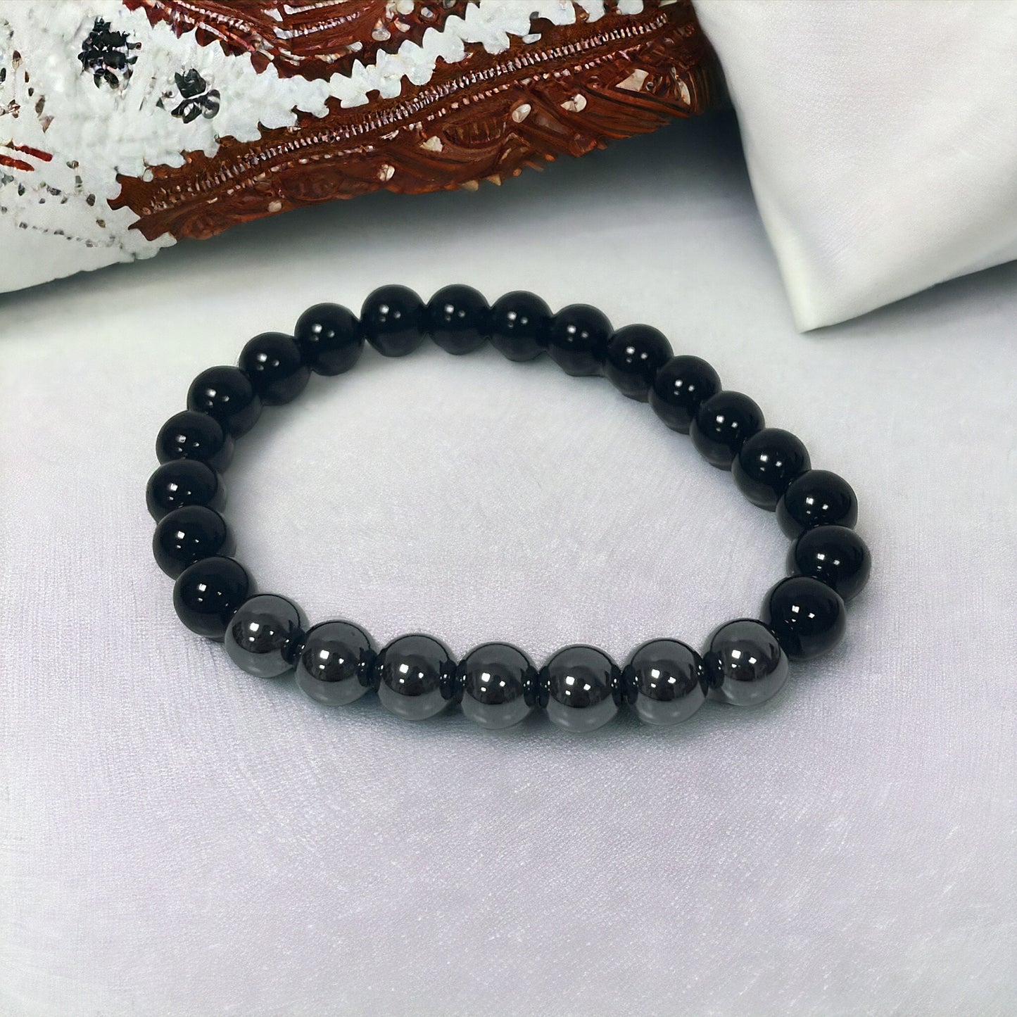 Pulsera bolita obsidiana y hematite 8mm