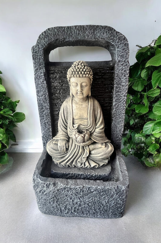 Fuente de agua resina de exterior/interior buda y cascada 61 cm de alto