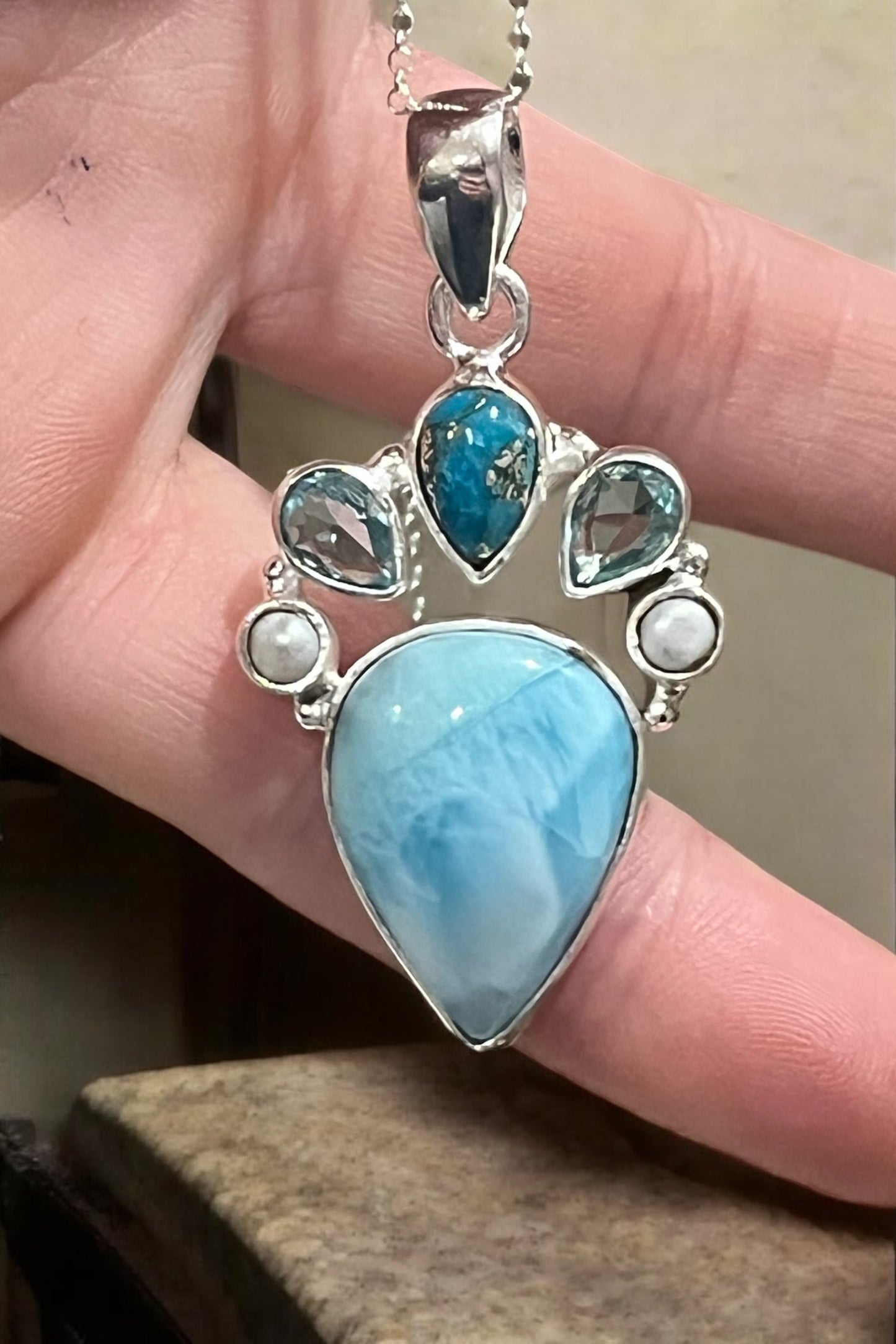 Colgante de Larimar, aguamarina,turquesa y Perlas plata de ley