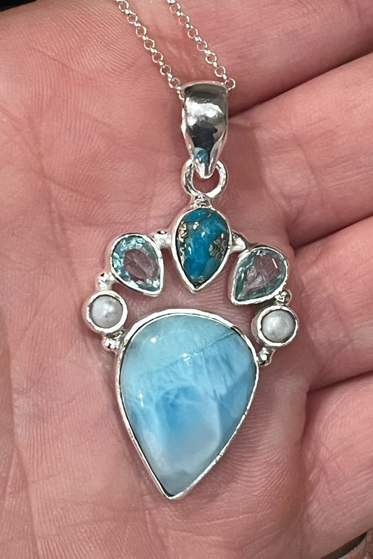 Colgante de Larimar, aguamarina,turquesa y Perlas plata de ley