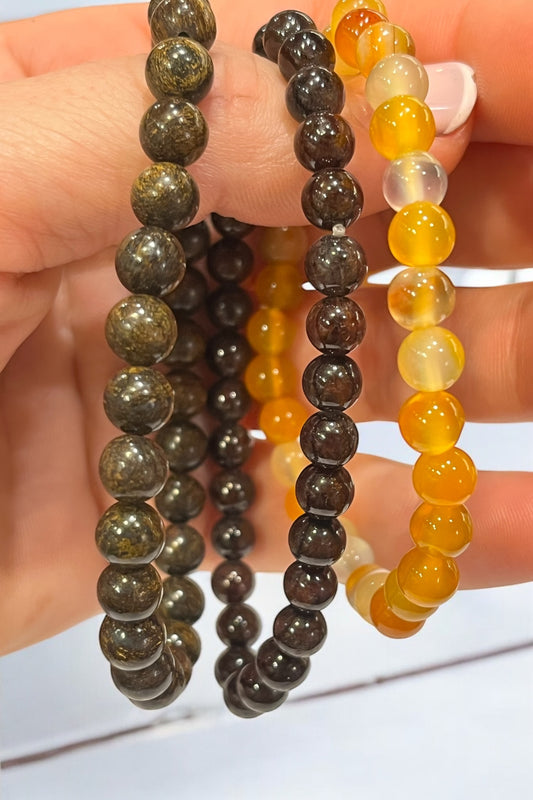 Trío pulseras de Broncita, Cornalina y Granate