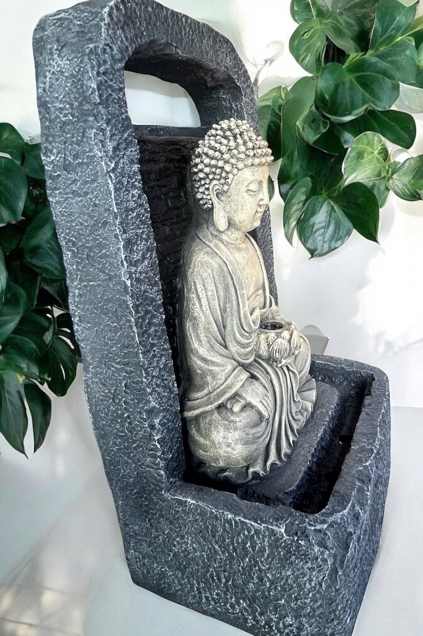Fuente de agua resina de exterior/interior buda y cascada 61 cm de alto