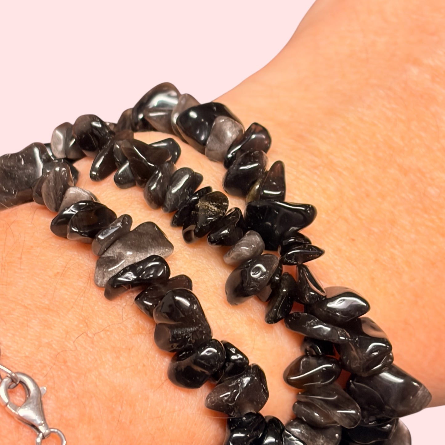 Pulsera chip obsidiana plateada