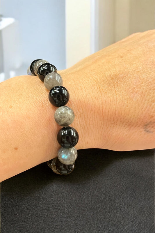 Pulsera bolitas ónix y labradorita gris 10mm