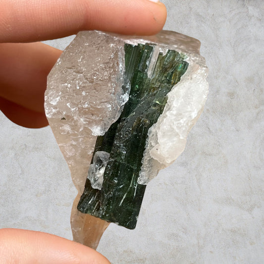 Turmalina verde con matriz de punta de cuarzo ahumado T8 colección privada
