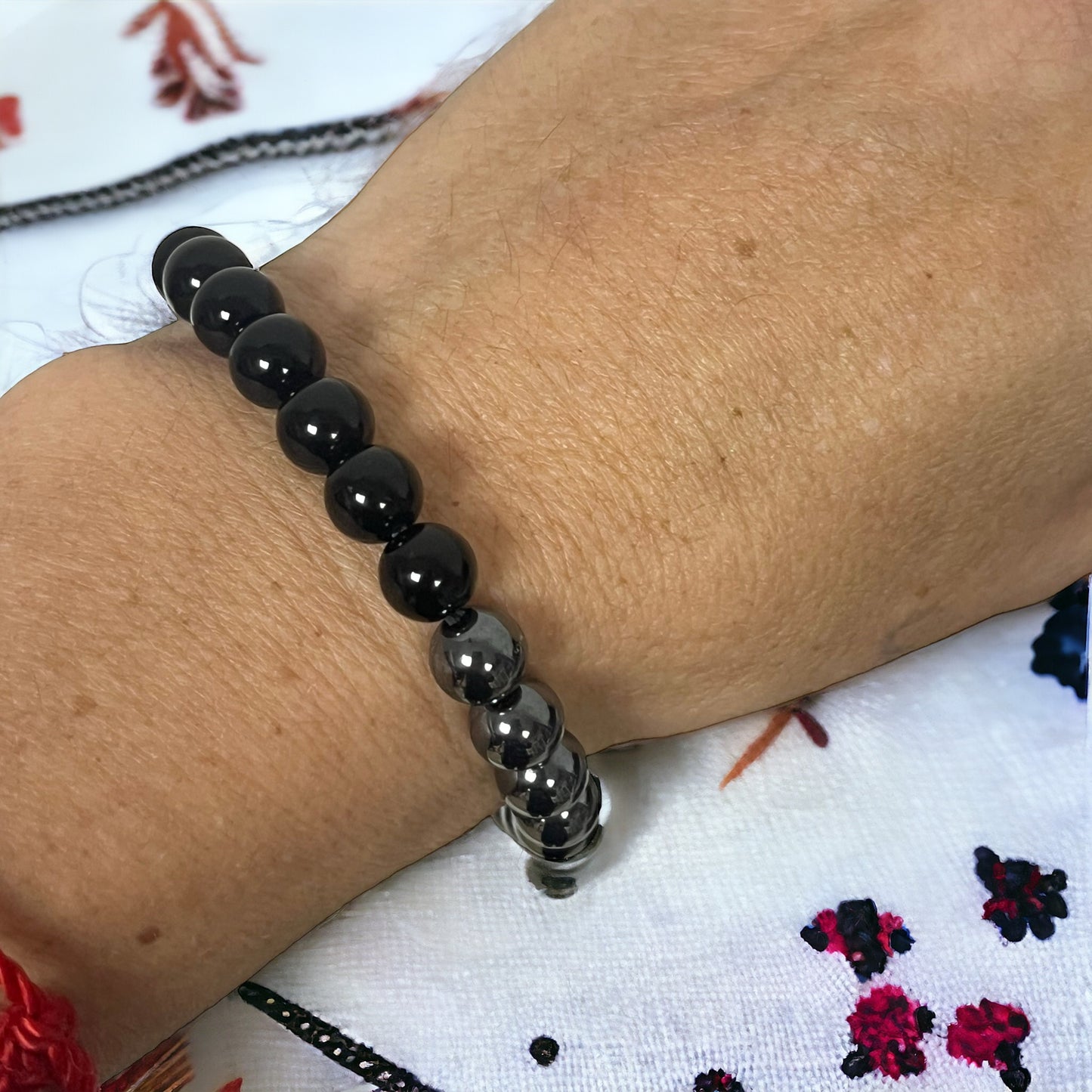 Pulsera bolita obsidiana y hematite 8mm