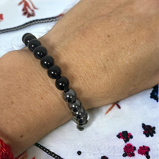 Pulsera bolita obsidiana y hematite 8mm