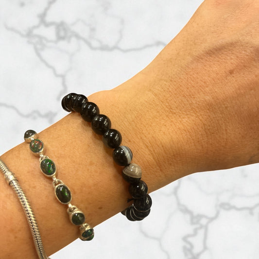 Pulsera bolitas ágata negra bandeada 6mm