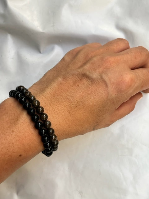 Dúo de Pulseras de Broncita y turmalina bolitas 6mm (repeler envidias)