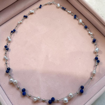 Collar de perlas naturales de río cristales azules y plata de ley