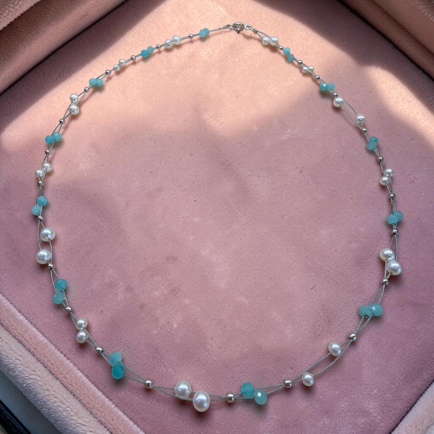 Collar de perlas naturales de río cristales turquesa y plata de ley