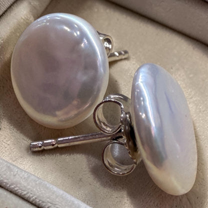 Pendientes botón  de perlas de río naturales cultivadas plata 925 12mm