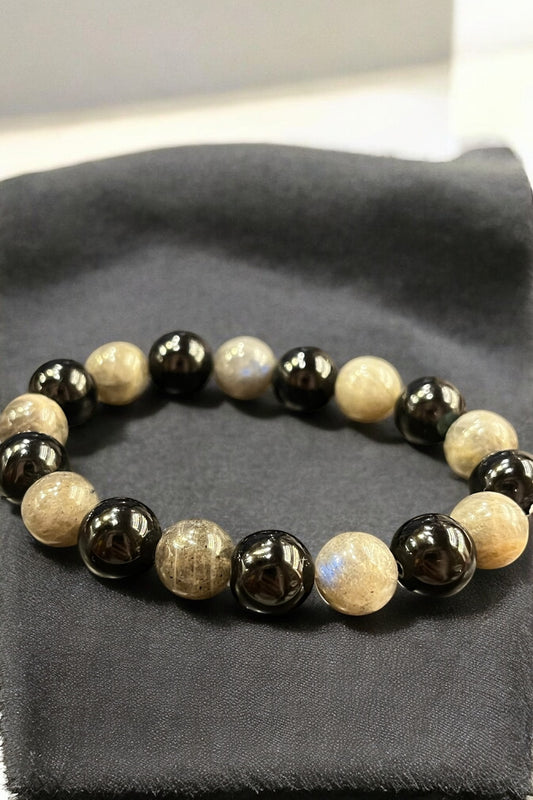 Pulsera bolitas ónix y labradorita gris 10mm