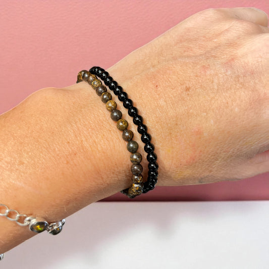 Dúo de Pulseras de Broncita y turmalina (repeler envidias) bolitas 4mm