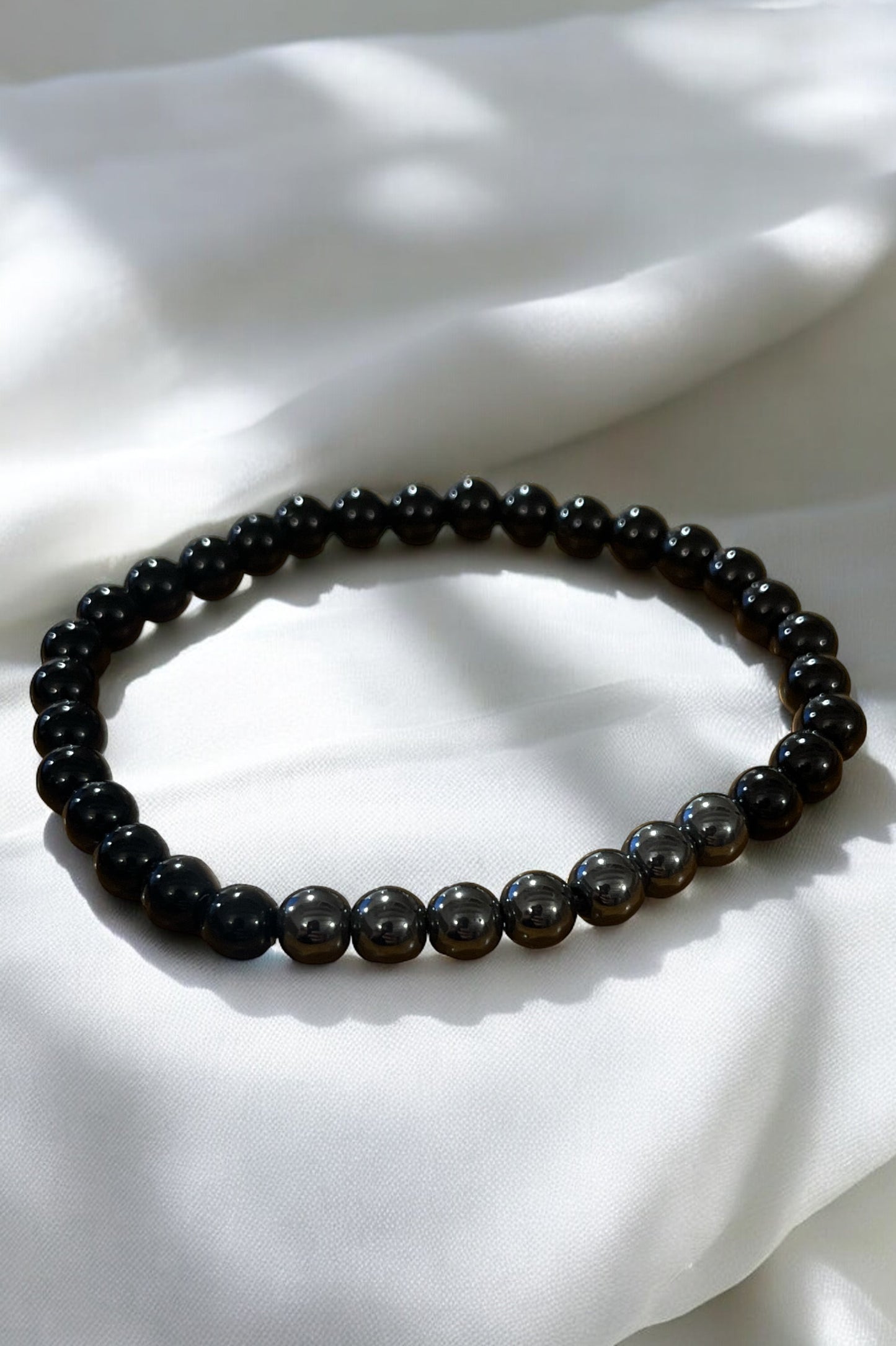 Pulsera bolita obsidiana y hematite 6mm