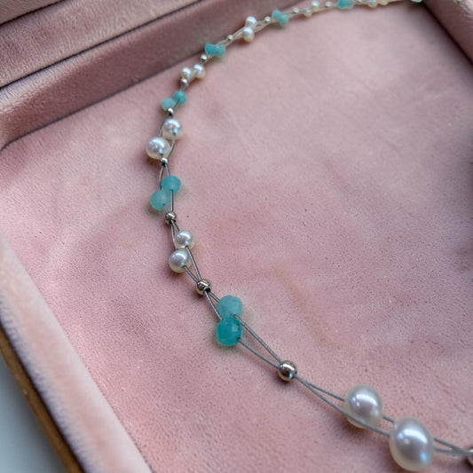Collar de perlas naturales de río cristales turquesa y plata de ley