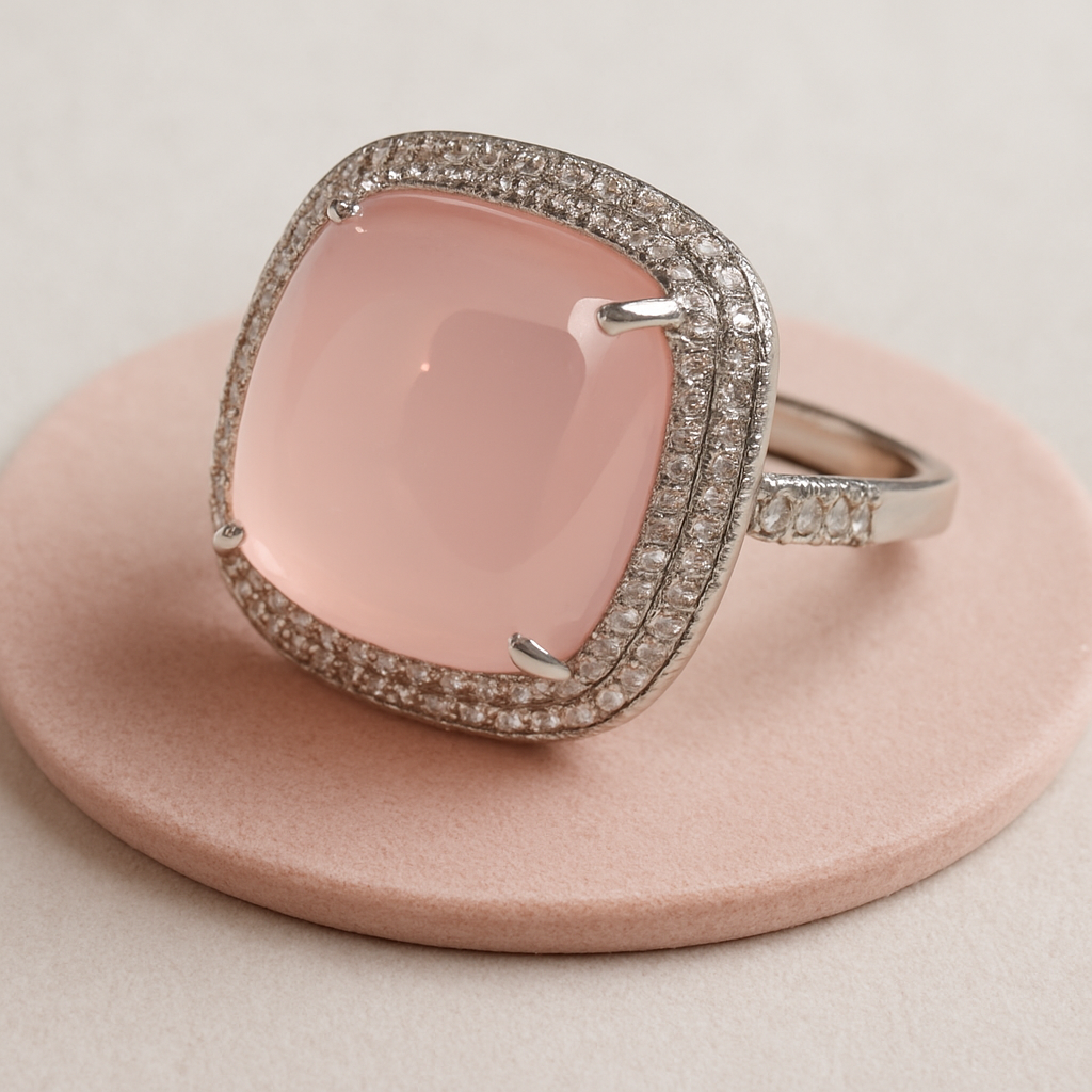 Anillo de diamantes y cuarzo rosa