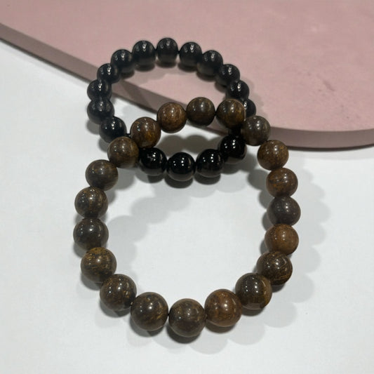 Dúo de Pulseras de Broncita y turmalina (repeler envidias) bolitas 8mm
