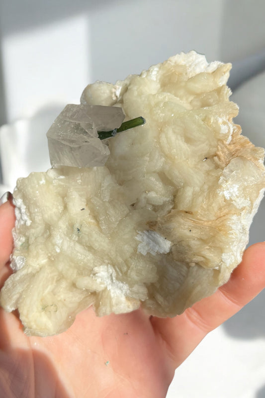 Turmalina verde con matriz de cleavelandita y mica pieza de colección